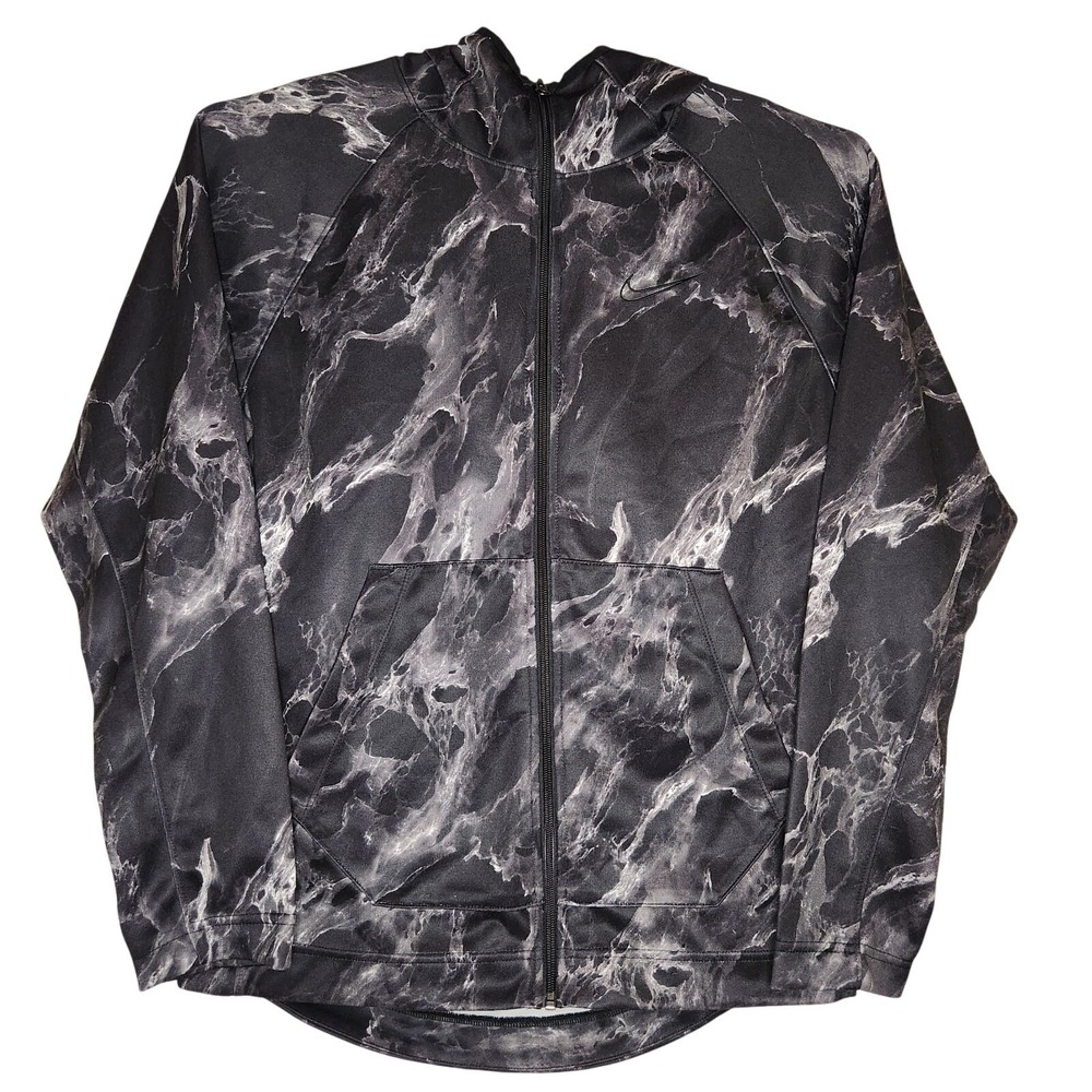 NIKE Hoodie Track Jacket Mens Medium Black Gray Dri-FIT Full Zip Marble Smokey